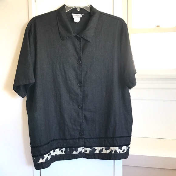 HOT COTTON 100% Linen Blouse Tunic Button Down Top Black Women’s Plus Size 2X - Picture 1 of 16